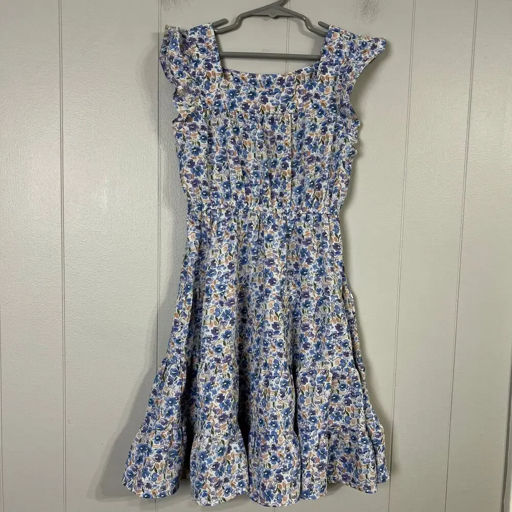 Hayden Girls Size S Blue Tiered Ruffle Sleeve Dress Square Neck